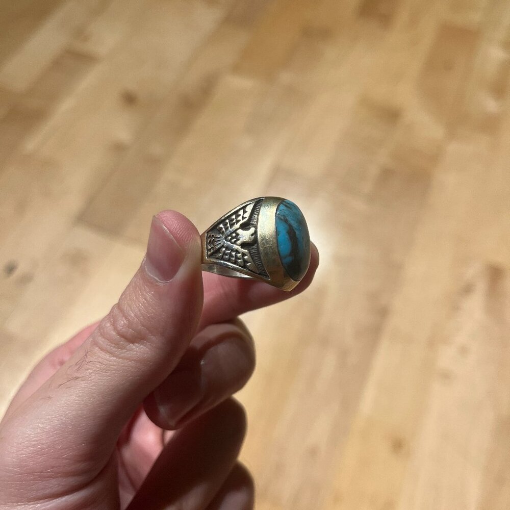 Edward Navajo Sterling Handcut Oval Turquoise Thunderbird Ring - Size 9 - EUC